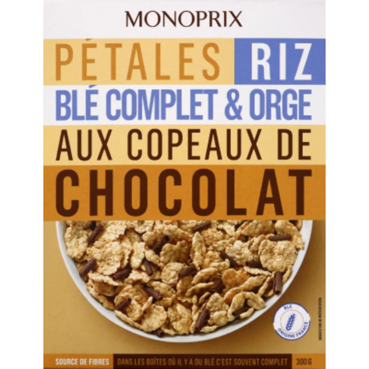PETALES DE RIZ BLE COMPLET ET ORGE AUX COPEAUX DE CHOCOLAT 300G FRANPRIX