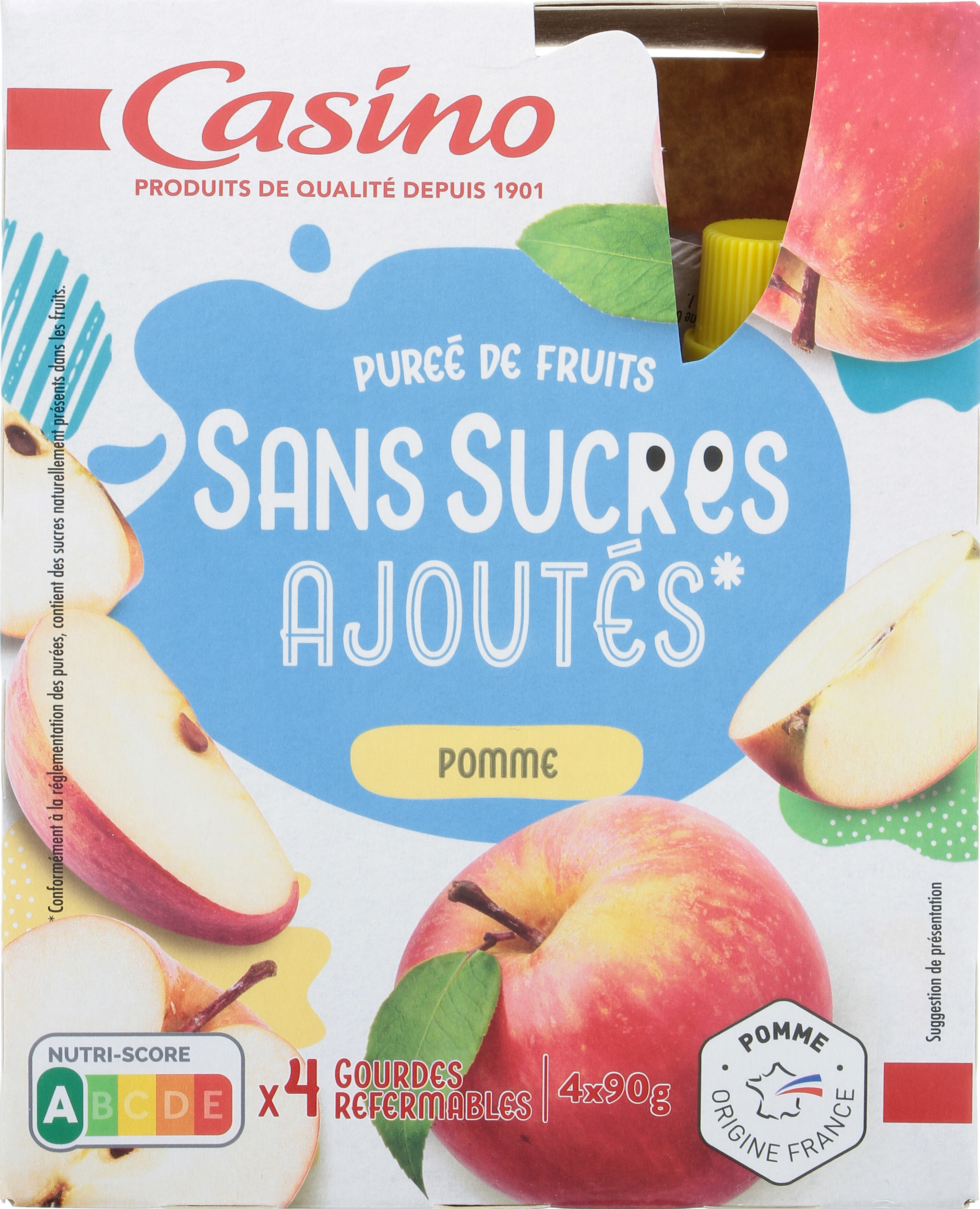 CASINO PUREE DE FRUITS SANS SUCRES AJOUTES POMME 4*90G